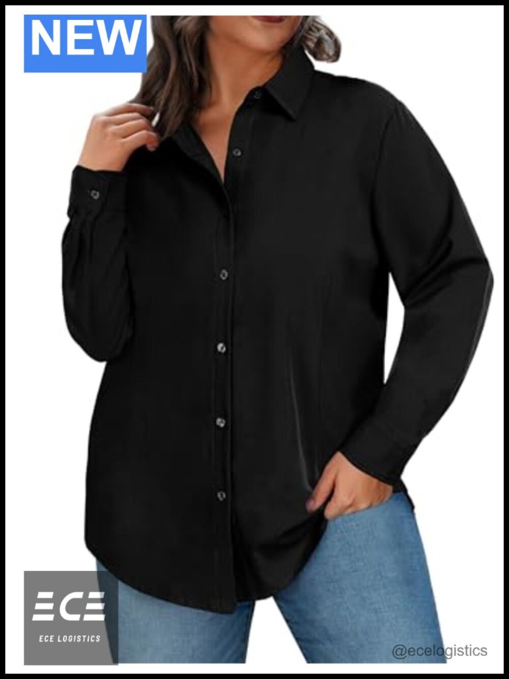 Plus Size Button Down Shirt Casual Long Sleeve Blouse Roll-Up Cuff Curved Hem